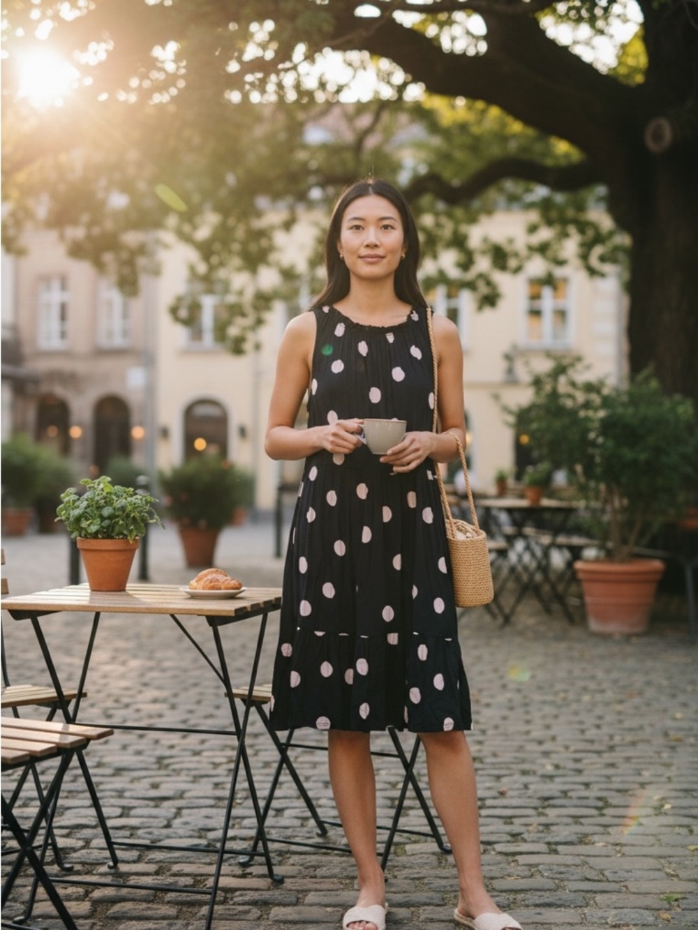 LOFT Navy Midi Dress with Pale Pink Polka Dots